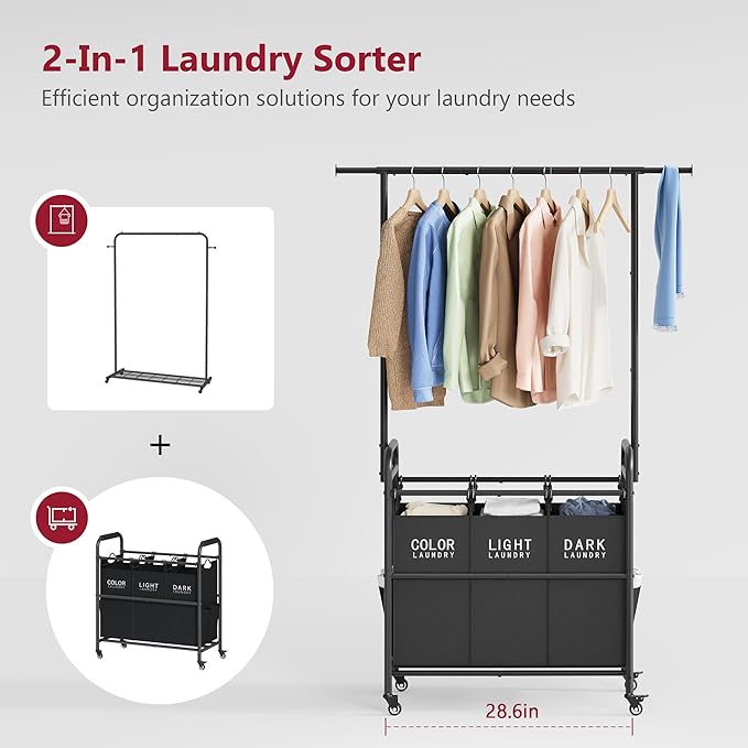Tajsoon Laundry Sorter Cart with Hanging Rack, Laundry Sorter 3 Section, Laundry Hamper with Heavy Duty Rolling Lockable Wheels, Black