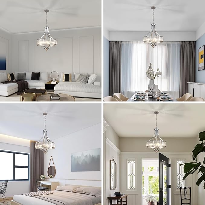 Modern Chrome Crystal Chandelier, 20 Inch Large Ceiling Pendant Light Fixture with 50'' Adjustable Hanging Chain, 5-Light Farmhouse Chandelier for Dining Room, Living Room, Bedroom, Entryway