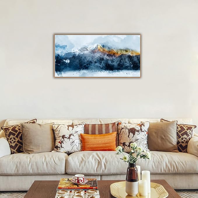 Framed Wall Art Canvas Indigo Abstract Mountain Pictures Wall Decor Blue Grey Orange Mountain Peaks Canvas Painting Prints Modern Abstract Artwork for Living Room Bedroom Decoration 20" x 40"