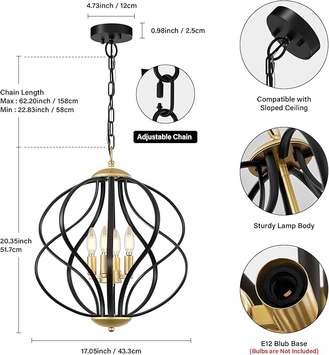 Modern Black and Gold Chandelier for Dining Room, 4 Lights Geometric Chandeliers, Sphere Chandelier Industrial Large Pendant Light Fixtures Hanging for Kitchen, Entryway, Foyer, Stairs