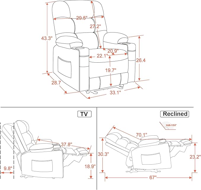 MCombo Zero Gravity Power Recliner Chair with Heat and Vibration Massage, Reclining Chair with USB Ports, Cup Holders for Living Room, Faux Leather PR621 (Light Grey)