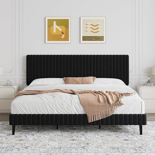 King Size Bed Frame, Velvet Upholstered Platform Bed with Vertical Channel Tufted Headboard and Footboard, No Box Spring Required, Easy Assembly, Black