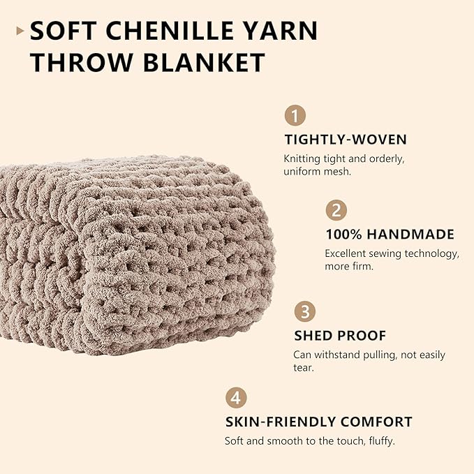 L'AGRATY Chunky Knit Blanket Throw: 60''x80'' Chenille Chunky Knitted Throw Blanket for Bed Couch - Handmade Thick Big Cable Knit Blanket - Large Crochet Rope Blanket for Home Decor(Light Taupe)
