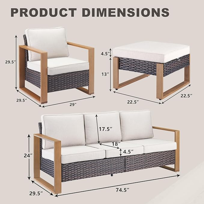 Outdoor Wicker Patio Furniture Set - 5 Piece Patio Conversation Set with 2 Wicker Armrest Chairs,2 Rattan Ottoman and 1 Couch,Sturdy Frame,Thick Cushions,Deep Seating(Brown/Beige)