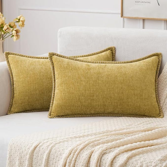 MIULEE Pack of 2 Couch Throw Pillow Covers 12x20 Inch Mustard Yellow Farmhouse Decorative Pillow Covers with Stitched Edge Soft Chenille Solid Dyed Fall Pillow Covers for Sofa Bed Living Room
