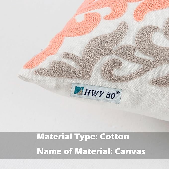 HWY 50 Coral Pink Decorative Throw Pillow Covers 18x18 Inch (1 Piece), Embroidered Cotton Farmhouse Cushion Cover Pillow Case for Sofa Couch Living Room Bed Bedroon, Floral Geometric