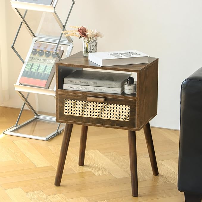 MaxSmeo Mid Century Nightstand, Rattan Side Table with Drawer, Wood Modern Bedside Table for Bedroom, Living Room and Small Spaces (Rustic Brown)