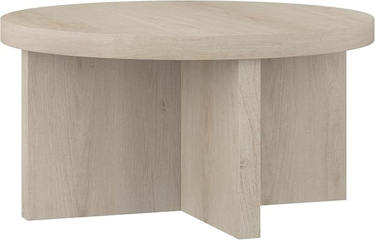 Henn&Hart 33" Round Wood Pedestal Low-Profile Coffee Table for Living Room, Family Room, Office or Apartment, Alder White
