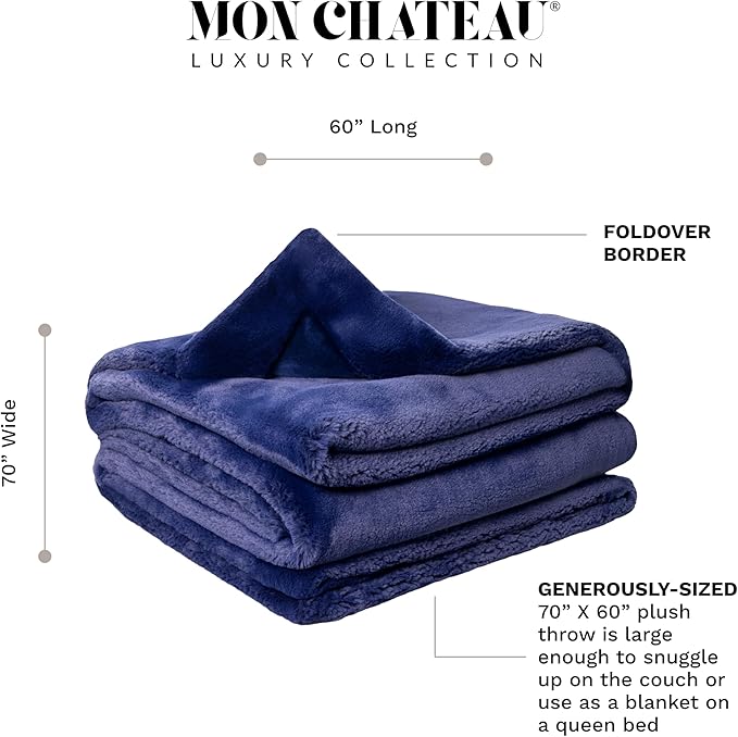 Mon Chateau Luxury Ultimate Plush Faux Fur Throw with 6cm Foldover for Couch, Sofa, or Bed - Plush Ultra Soft Blanket for Sleeping or Home Décor, 60" x 70"(Navy)