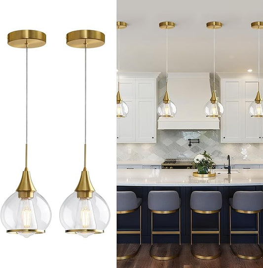 Pendant Light Fixtures Kitchen: 2 Pack Modern Gold Island Light with Clear Glass - 6 Inch Mid Century Globe Kitchen Lighting Chandeliers Ceiling for Foyer Bedroom