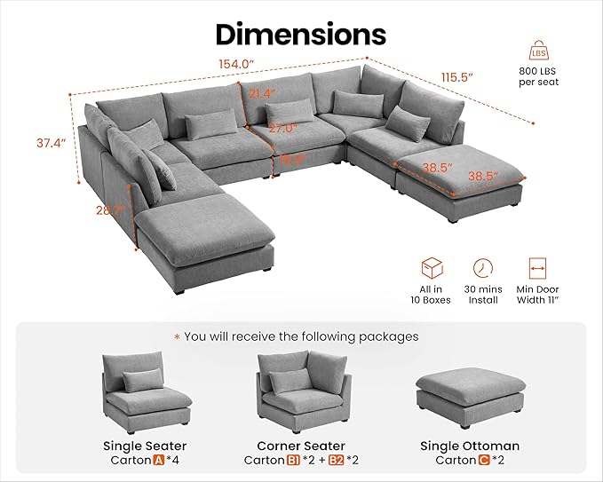 Oversized Modular Sofa, Extra Deep Cloud Chenille Sectional Couch with Ottoman Chaise, Fluffy Chenille 8 Seater Sofa Bed for Living Room, Villa (Sofa Bed 8 Seater, Chenille Grey)