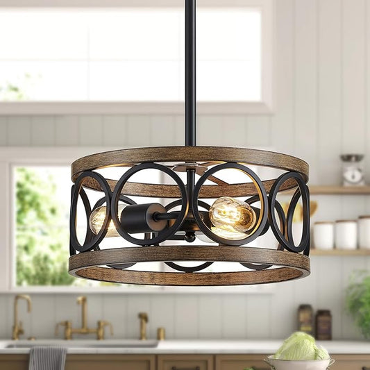 XINGQI Black Ceiling Light Adjustable Height Chandelier Modern Farmhouse Pendant Lighting Fixture Wood Grain Metal 13" Rustic Round Lights for Dining Room Kitchen Bedroom Entryway