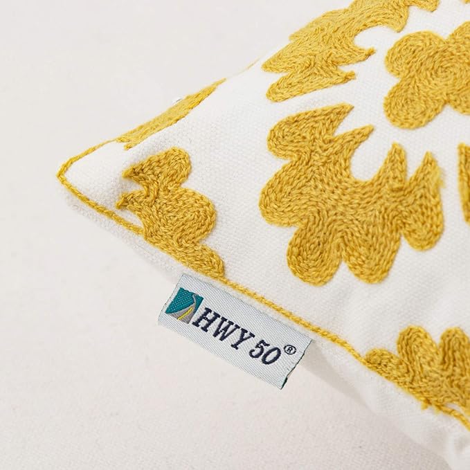 HWY 50 Mustard Yellow Decorative Throw Pillow Covers 18x18 Inch (1 Piece), Embroidered Cotton Farmhouse Cushion Cover Pillow Case for Sofa Couch Living Room Bed, Little Sunflower