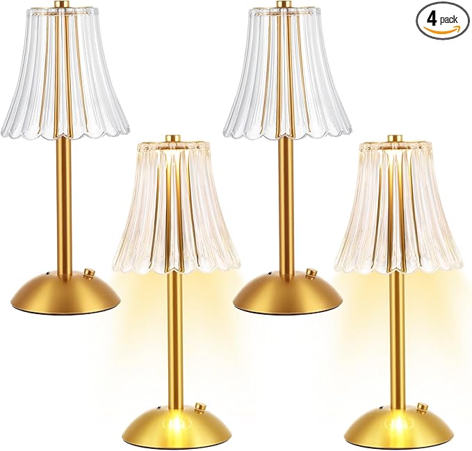 Liliful 4 Pcs LED Portable Cordless Table Lamp Touch Battery Operated Rechargeable Desk Lamp 3 Color Dimmable for Bedroom Living Room Dining (Rose Style,Gold)