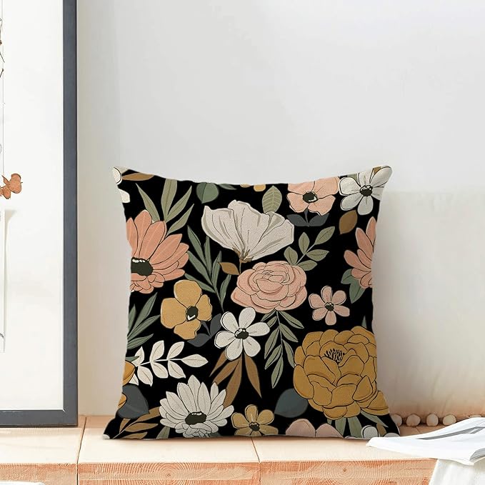 CXMEIFLY Spring Floral Pillow Covers 20 x 20 Inch Set of 2 for Vintage Pink Mustard Yellow Cream Flowers Decor Throw Pillows Plant Black Outdoor Decorative Cushion Cases for Couch Bed Decorations