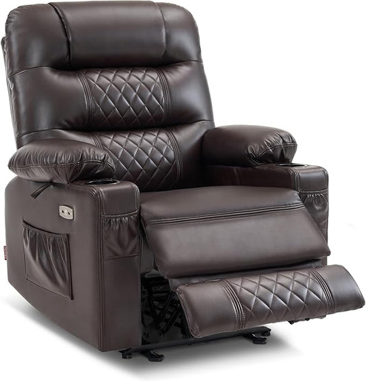 MCombo Zero Gravity Power Recliner Chair with Heat and Vibration Massage, Reclining Chair with USB Ports, Cup Holders for Living Room, Faux Leather PR621 (Brown)