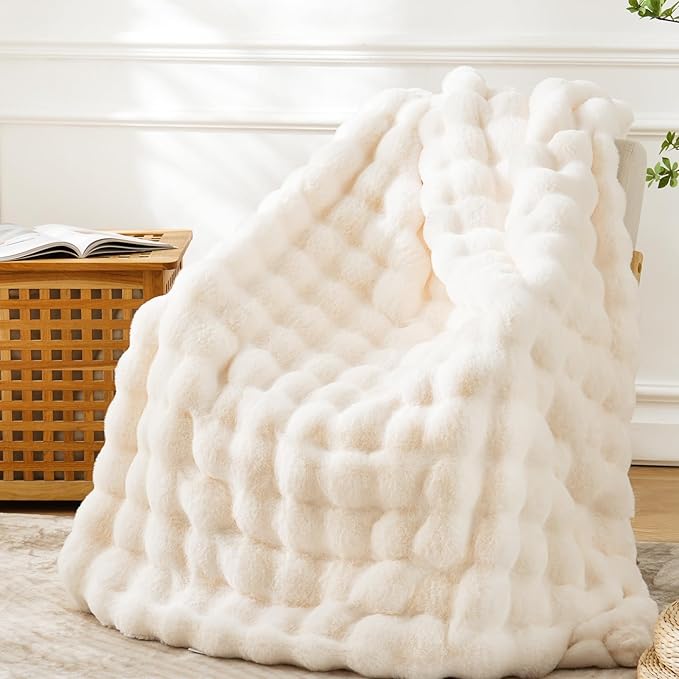 BENVWE Faux Fur Throw Blanket for Couch Bed - Fluffy Soft Thick Bubble Blanket for Living Room Home Decor - Mothers Day Birthday Gifts for Women, Cream White, 63" x 80"