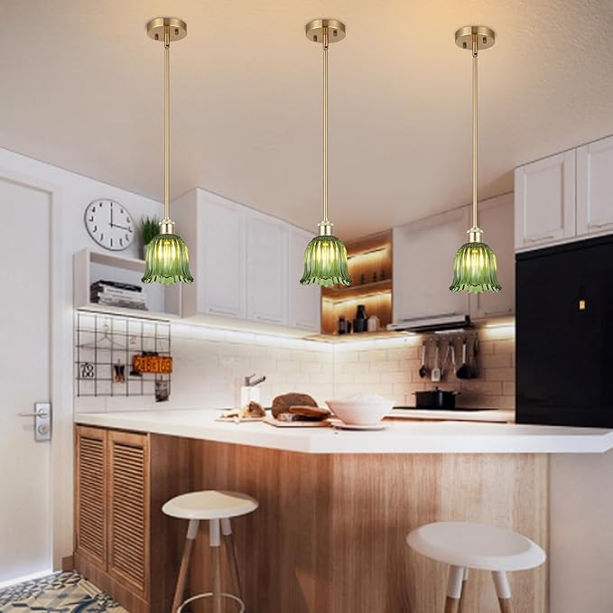 Modern Gold Pendant Light 3 Pack Brushed Brass Mid Century Chandelier Green Glass Shades Adjustable Rods Farmhouse Ceiling Hanging Lighting Fixture Kitchen Island Dining Room Bedroom