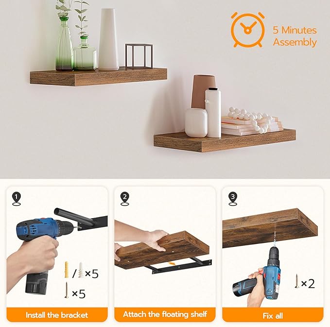 HOOBRO Floating Shelves for Wall, Wall Mounted Shelf Set of 2, 15.7" Hanging Shelf with Invisible Brackets, for Wall in Bathroom, Bedroom, Toilet, Kitchen, Living Room, Office, Rustic Brown BF40BJ01