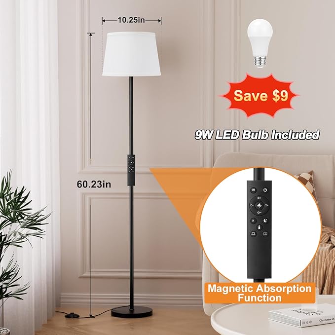 Modern Floor Lamp with Adjustable Brightness, Remote Control, Black, LED Bulbs, White Shade, Foot Switch, Easy Assembly