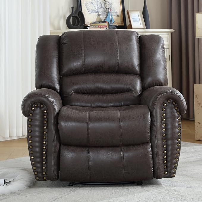 CANMOV Leather Recliner Chair, Classic and Traditional Manual Recliner Chair with Comfortable Arms and Back Single Sofa for Living Room, Dark Grey