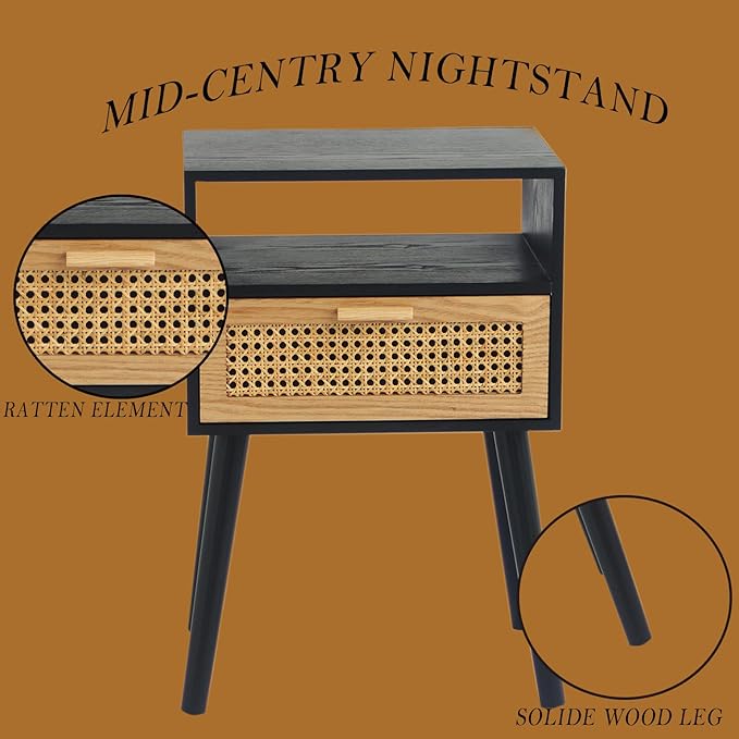 MaxSmeo Mid Century Modern Nightstand with Charging Station, Bedside Tables with Rattan Drawer, Small Wood Nightstand Side Table for Living Room,Bedroom (Black)