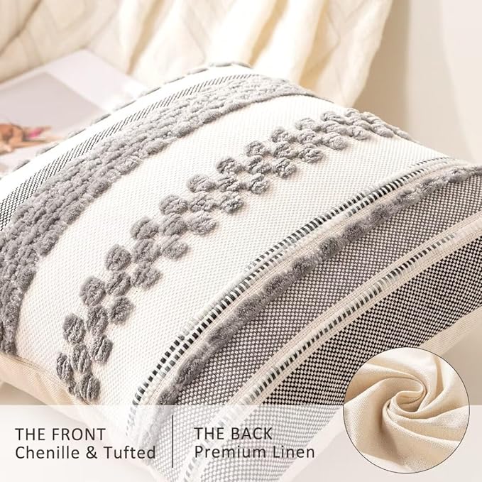 Boho Throw Pillow Covers 18x18 Set of 2 Farmhouse Decorative Cushion Case Striped Square Pillows Cover Chenille Pillow Cases Accent Neutral Pillowcase for Sofa Couch Bed,Gray