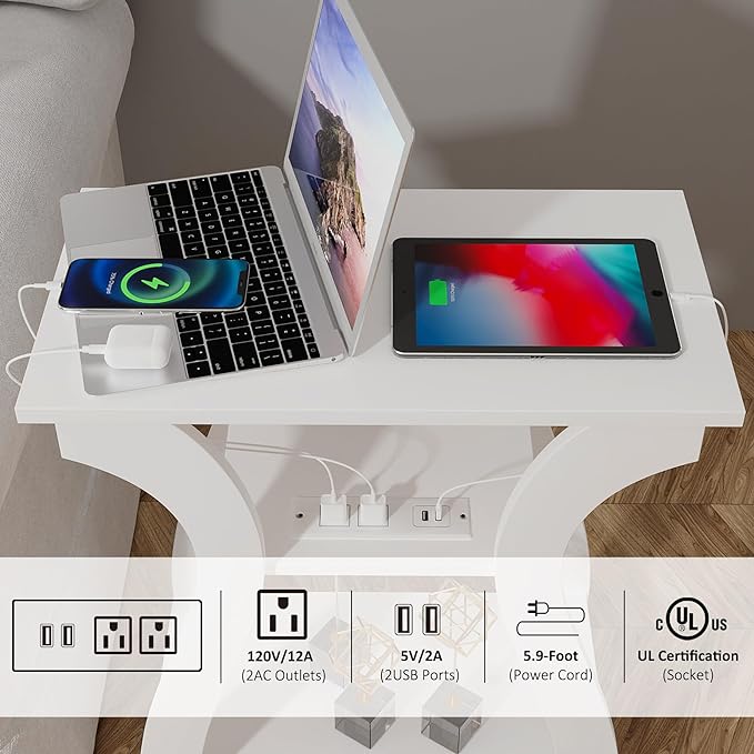 End Tables Living Room Set of 2,End White Table with Charging Station, Side Table, Nightstand for Bedroom, 3 Tier End Table with Storage Shelf for Living Room White