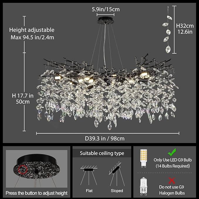 Modern Black Crystal Tree Branch Chandelier,14-Light 40" Black K9 Crystal Chandeliers for Living Room, Round Chandelier for Dining Room,High Ceiling,Kitchen Island,Foyer,Staircase
