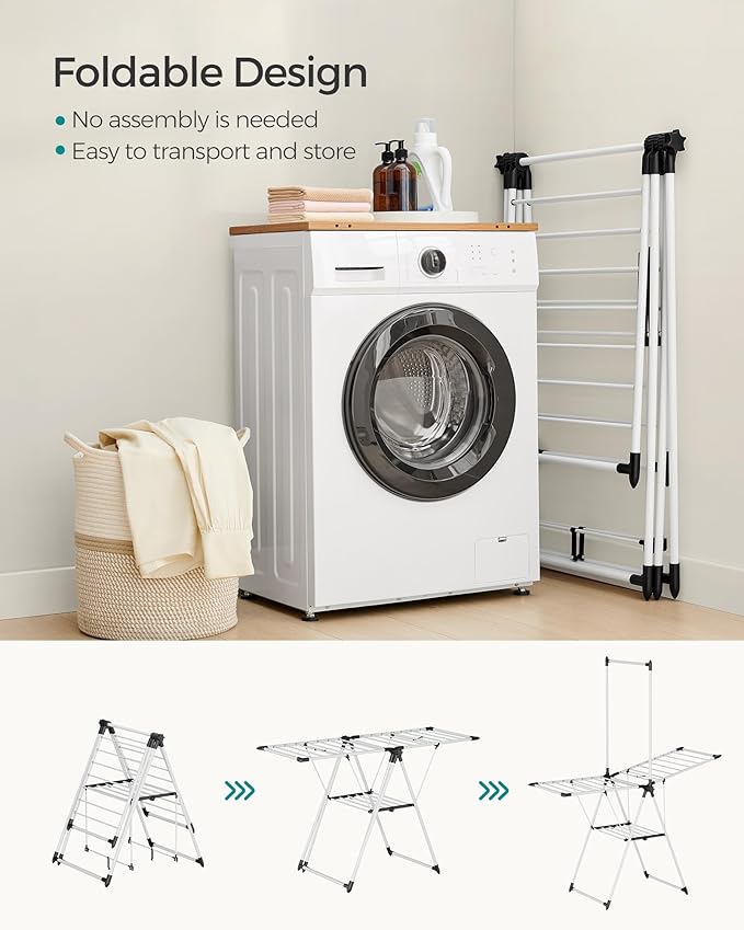 SONGMICS Clothes Drying Rack, Foldable 2-Level Laundry Drying Rack, Free-Standing Airer, 1 Additional Tall Hanging Bar, 2 Height-Adjustable Wings, 24 Drying Rails, Space Savng, Simply White ULLR521W01