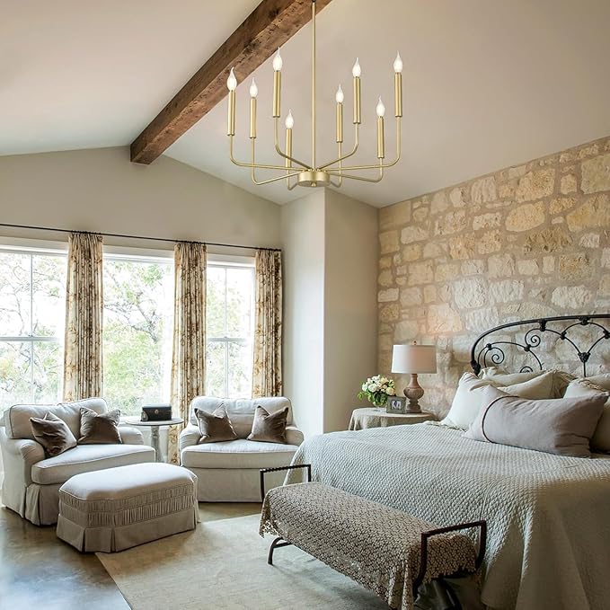 Modern Gold Farmhouse Chandeliers, 8-Light Industrial Metal Chandelier Lighting, Classic Candle Hanging Pendant Light Fixtures for Kitchen Bedroom, Dining Room, Living Room,Foyer