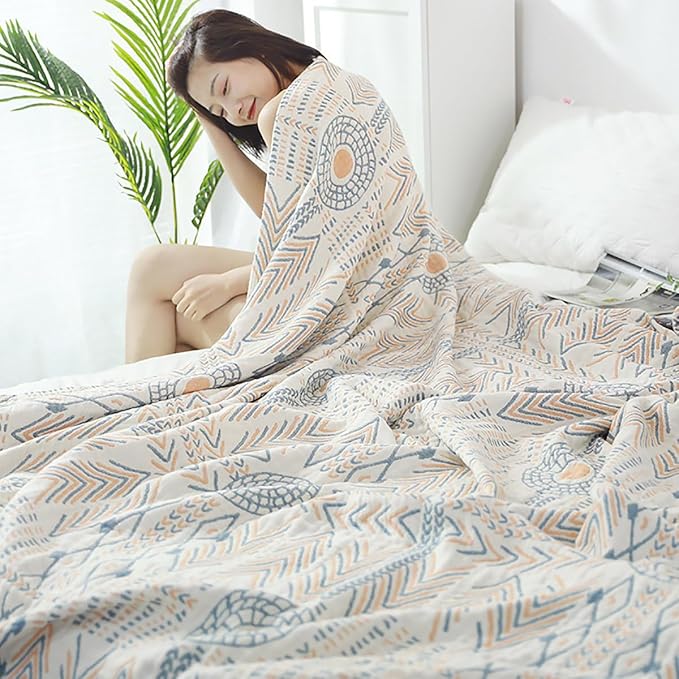 Boho Muslin Blanket for Adults 4-Layer Gauze Twin Size Soft Cozy 100% Cotton Summer Cooling Blanket Striped Decor for Sofa Bed Coverlet Both Sides (A Boho Stripe, Twin 60 x 80 in)
