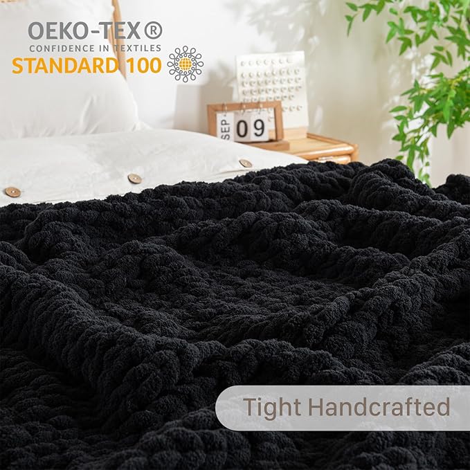 Chunky Knit Blanket Throw, 100% Hand Knit Throw Blanket Handmade Chenille Cable Knit Throw for Couch, Stylish Cozy Soft Rope Knot Crochet Blanket for Home Decor, Black, 50x60 Inches