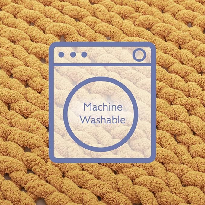 Bigacogo Chunky Knit Throw Blanket for Couch, 40x40 inches, 100% Hand Knitted with Thick Jumbo Chenille Yarn, Cozy Soft Large Rope Knot Cable Crochet Blankets for Sofa Bed Living Room, Mustard Yellow