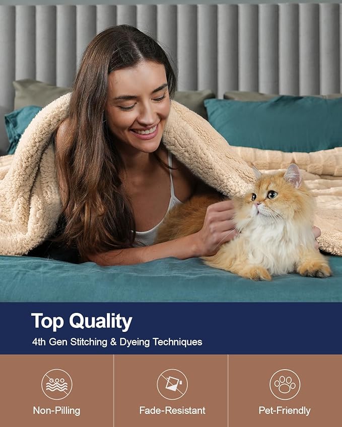 Pawque Super Soft Cozy Throw Blanket Twin Size for Couch Bed, Fluffy Sherpa Fleece Reversible Thick Warm Fuzzy Blanket for All-Season, 3D Checkered Jacquard Decorative Blankets, Khaki, 60" x 80"