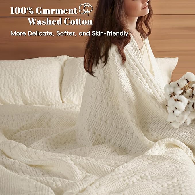 PHF 100% Cotton Waffle Weave Blanket Twin Size, Soft Lightweight Breathable Cozy Summer Blankets for Bed, Luxury Aesthetic Woven Bedding for Home Decor, 66"x90", Cannoli Cream