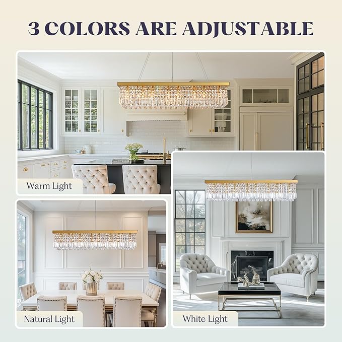 Modern Crystal Chandelier for Dining Room,Gold Luxury Crystal Chandelier,8 Lights Rectangular Rectangle Light Fixture for Living Room Kitchen Island L40''xW10''xH10''