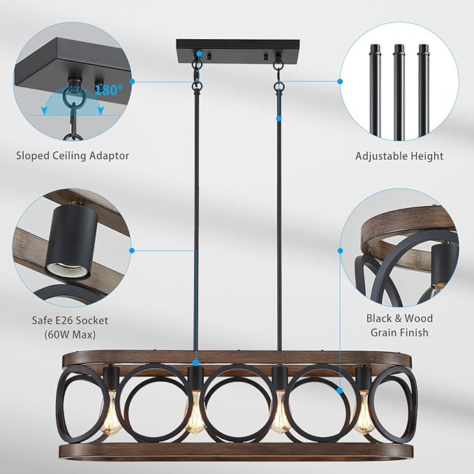 XINGQI Rectangular Linear Kitchen Island Chandeliers Over Table 32.7" Black Pendant Lighting Fixtures Farmhouse 4-Light for Dining Room Bar Office Coffee Shop, Black Wood Grain