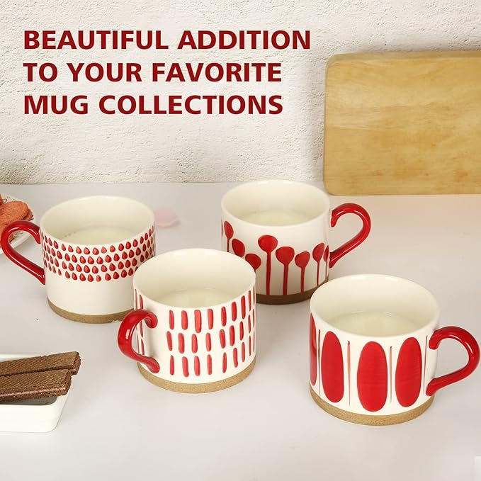Koja Hand Painted 15 oz. Porcelain Ceramic Mugs Set. Service for 4. (Hand Painted - Red)