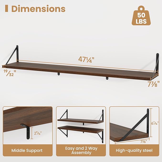Heimlove 48 Inch Large Floating Bookshelves Set of 3,Wall Mounted Bookshelves,Heavy Duty Wooden Shelves for Living Room,Bedroom,Kitchen,Laundry Room Storage & Decor-Walnut Color
