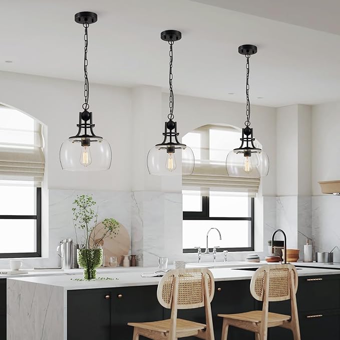 WUZUPS Chandelier Rustic Farmhouse Industrial Round Ceiling Pendant LED Light Fixture with Clear Glass Shades for Dining Room Kitchen Island Foyer Entryway, H 13" x W 10", E26 Base, Black