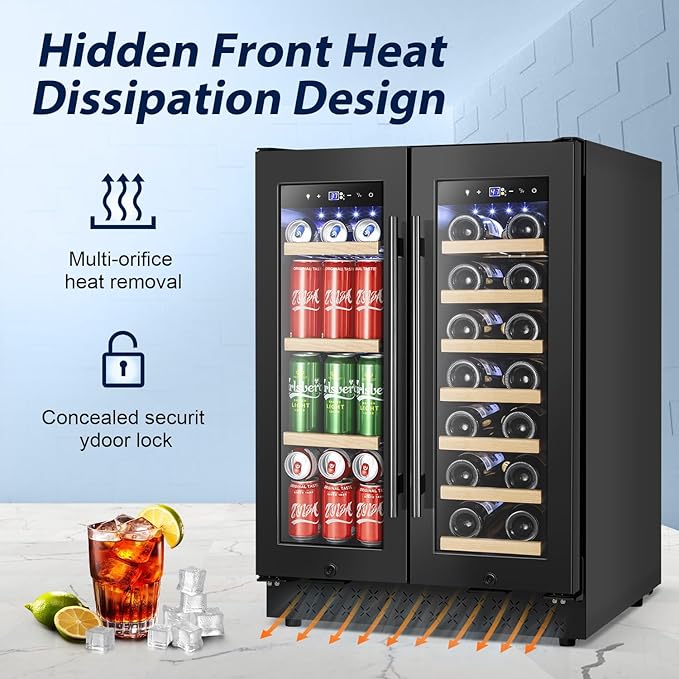 Tylza 24 Inch Wine and Beverage Refrigerator, Dual Zone Wine Beverage Cooler 24" with French Door, Under Counter Wine Beer Fridge Built-In or Freestanding, Holds 20 Bottles and 88 Cans, Black