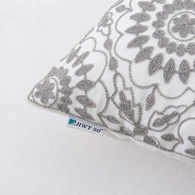 HWY 50 Gray Grey Decorative Throw Pillow Covers 18x18 Inch (1 Piece), Embroidered Cotton Farmhouse Cushion Cover Pillow Case for Sofa Couch Living Room Bed, Little Sunflower