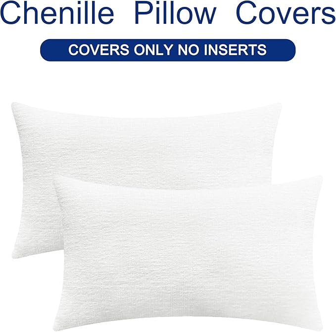 CaliTime Throw Pillow Covers Decorative 12 X 20 Inches Pack of 2 Cozy Chenille Cushion Cases for Couch Sofa Bed Living Room Home True White