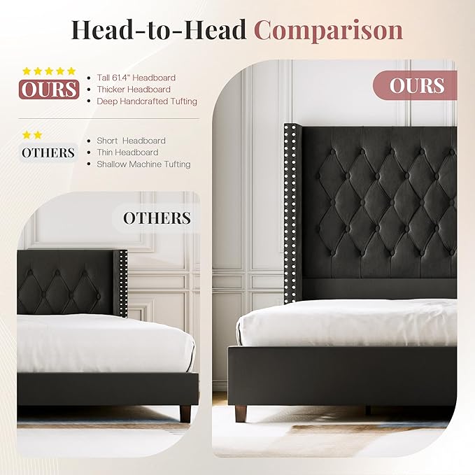 PaPaJet Queen Size Bed Frame with 61.4" Tall Headboard, Velvet Modern Upholstered Tufted Bed for Adults, Handmade Deep Button Tufting, Solid Wood Legs, No Box Spring Required, Black