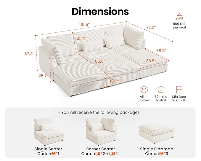 Oversized Modular Sofa, Extra Deep Cloud Corduroy Sectional Couch with Ottoman Chaise, Fluffy Chenille 6 Seater Couch Bed for Living Room, Villa (Sofa Bed 6 Seater, Corduroy White)