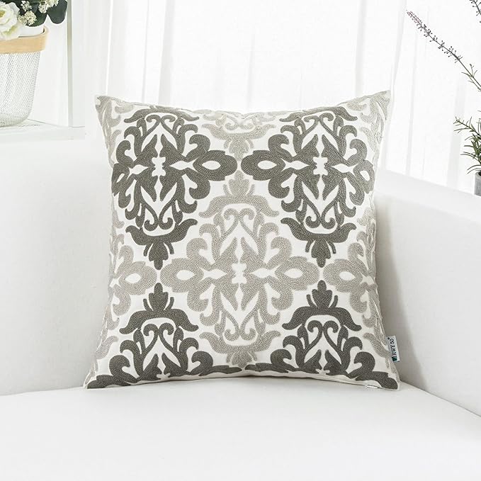 HWY 50 Grey Gray Decorative Throw Pillow Covers 18x18 Inch (1 Piece), Embroidered Cotton Farmhouse Cushion Cover Pillow Case for Sofa Couch Living Room Bed Bedroon, Floral Geometric