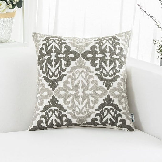 HWY 50 Grey Gray Decorative Throw Pillow Covers 18x18 Inch (1 Piece), Embroidered Cotton Farmhouse Cushion Cover Pillow Case for Sofa Couch Living Room Bed Bedroon, Floral Geometric