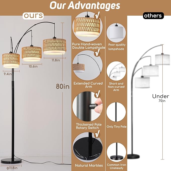 Rattan Floor Lamp for Living Room, 80 Inch Tall Boho Floor Lamp with Rotary Switch, 3 Lights Arc Lamp with Wicker Shade for Coastal,Bohemian,Tree Farmhouse Standing Lamp