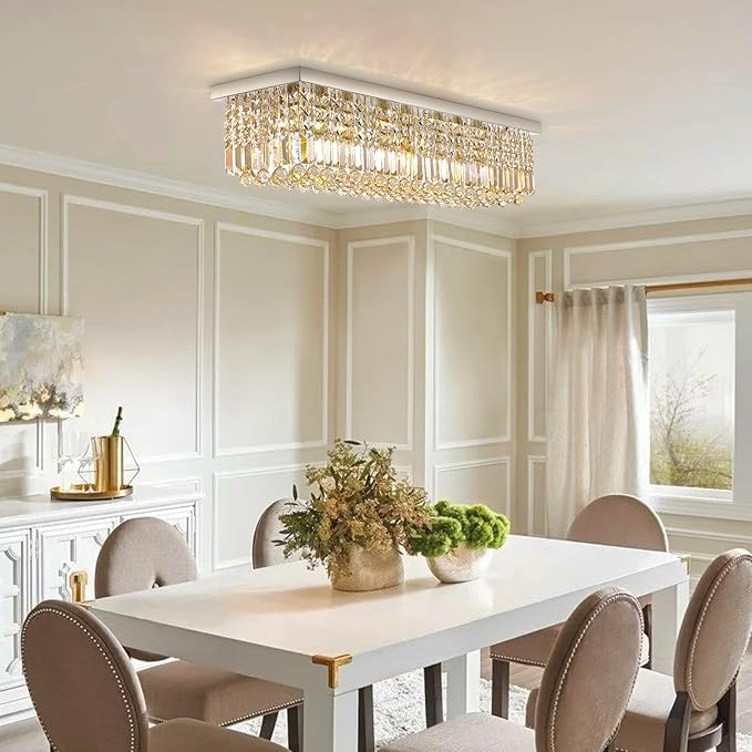 Siljoy Modern Crystal Chandelier 8-Lights Rectangular Flush Mount Pendant Ceiling Light Fixture Rectangle K9 Crystal Raindrop Chandelier for Dining Living Room Kitchen Island L40'' x W10'' x H10'